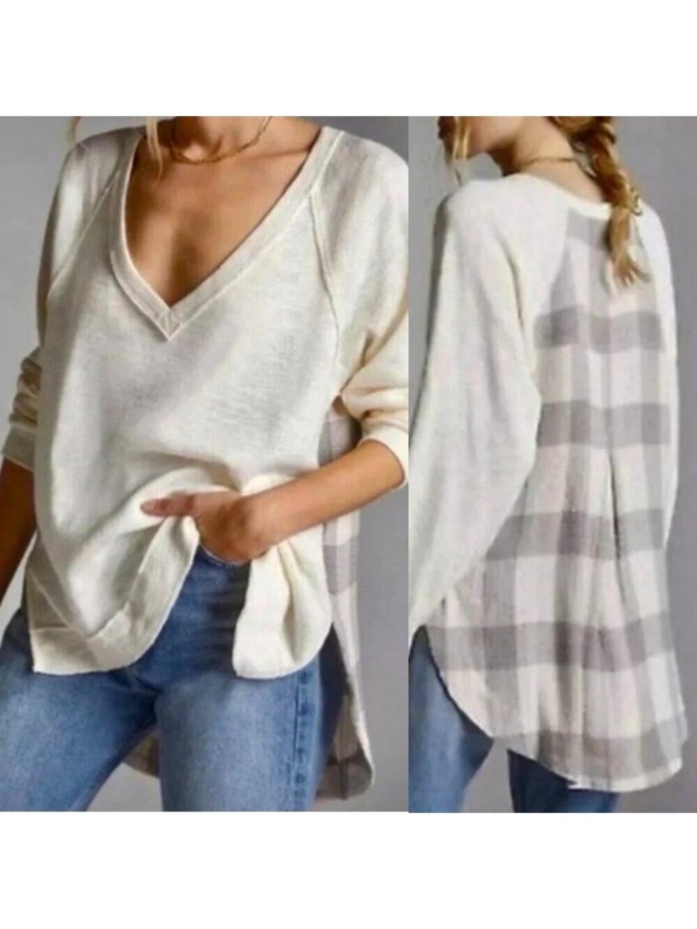 NEW Anthropologie Pilcro Spring Textured Boyfriend Tunic Top Cream Gray Plaid S